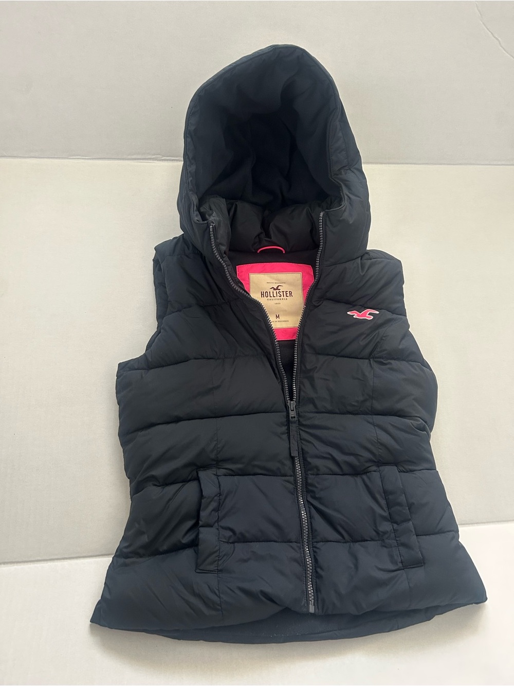 Hollister Black Quilted Hooded Puffer Vest with Pink Logo (A2)
